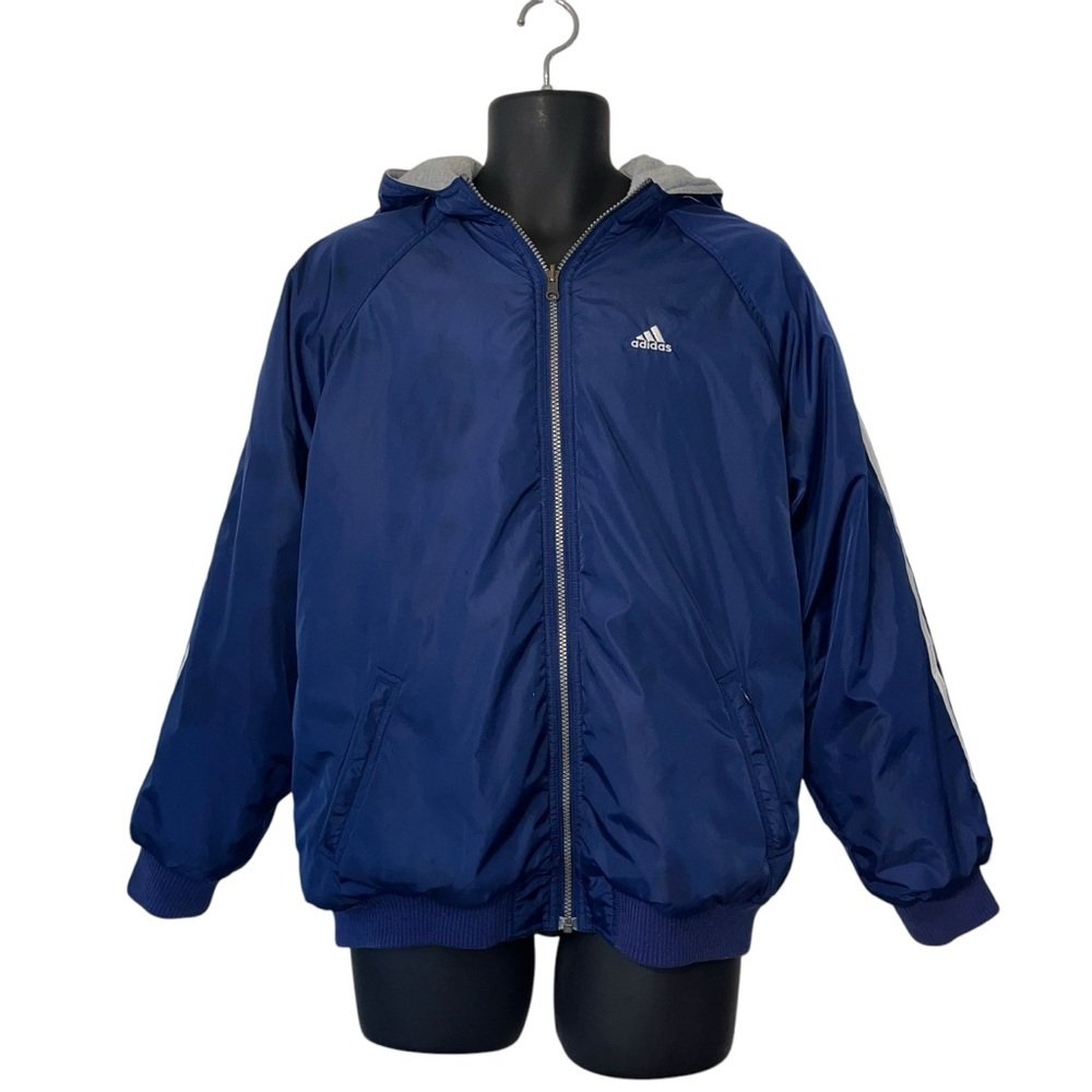 Vintage Adidas Reversible Hooded Bomber Jacket Boys XL Blue White Full Zip - Picture 5 of 16